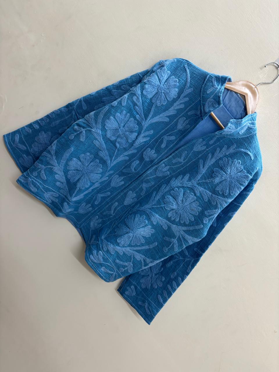 The Indigo Bloom — Aari Hand-Embroidered Cotton Jacket — Cerulean & Periwinkle