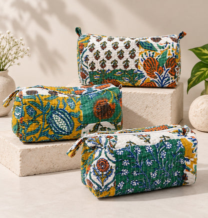 The Marigold Bagh — Kantha-Quilted Cotton Pouch Set — Ivory, Emerald & Marigold Floral
