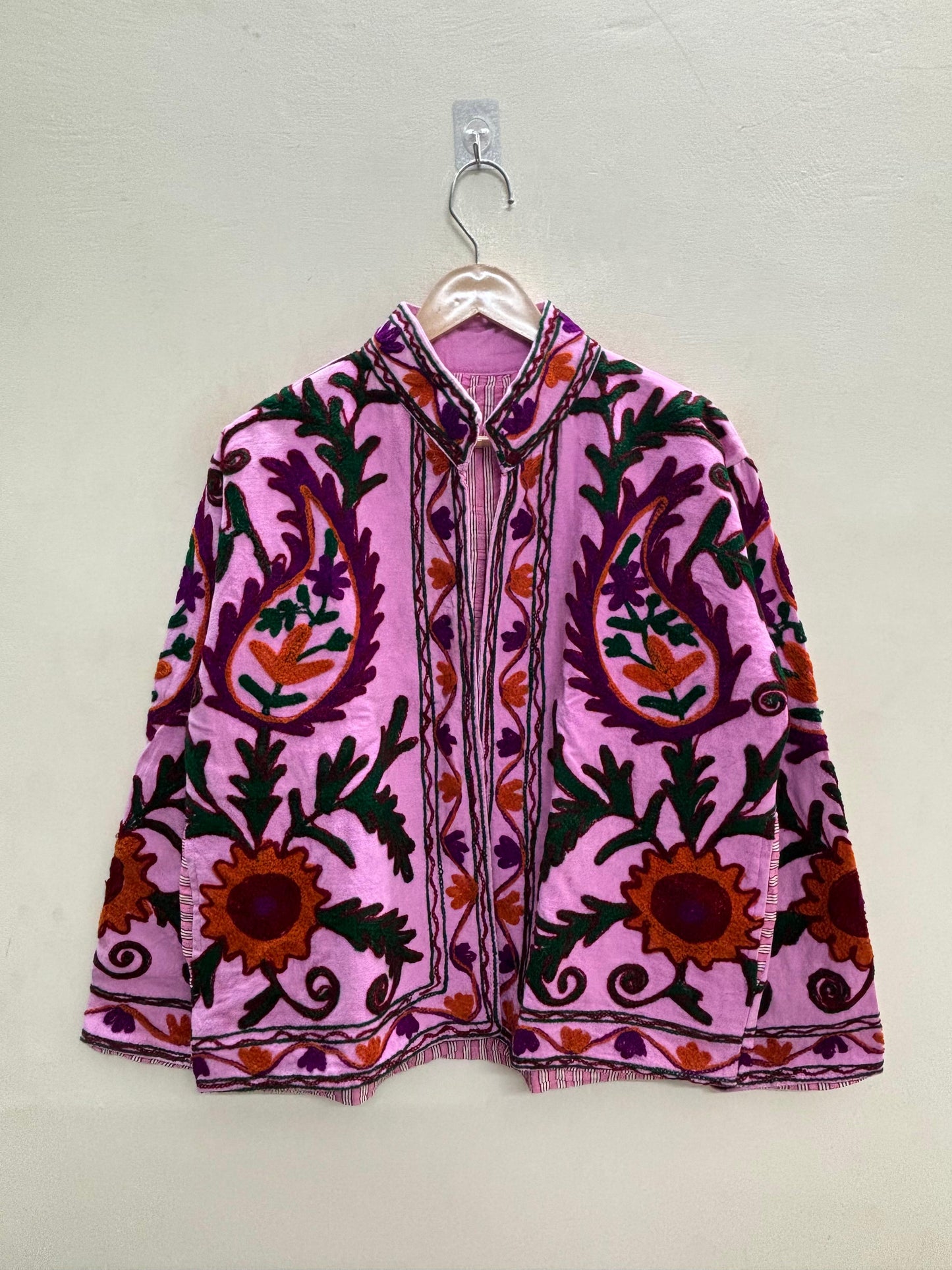 The Orchid Bostan — Suzani Embroidered Cotton Jacket — Pink with Paisley & Sunflower Motifs