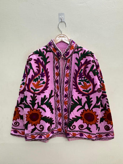 The Orchid Bostan — Suzani Embroidered Cotton Jacket — Pink with Paisley & Sunflower Motifs