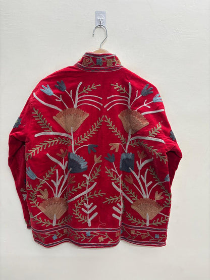 The Gulbagh — Suzani Chain-Stitch Velvet Jacket — Crimson Red