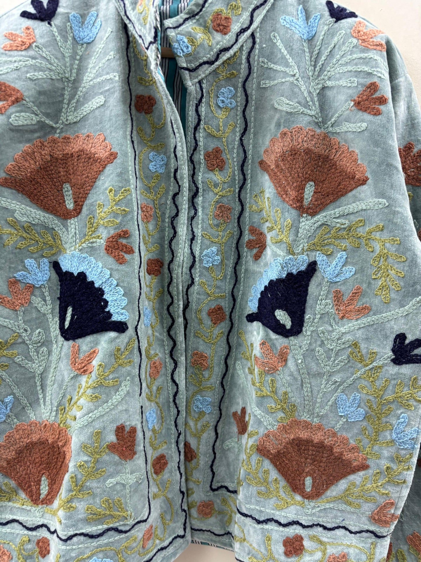 The Gulbadan Celadon — Hand Suzani Embroidered Velvet Jacket — Sage-Celadon Base