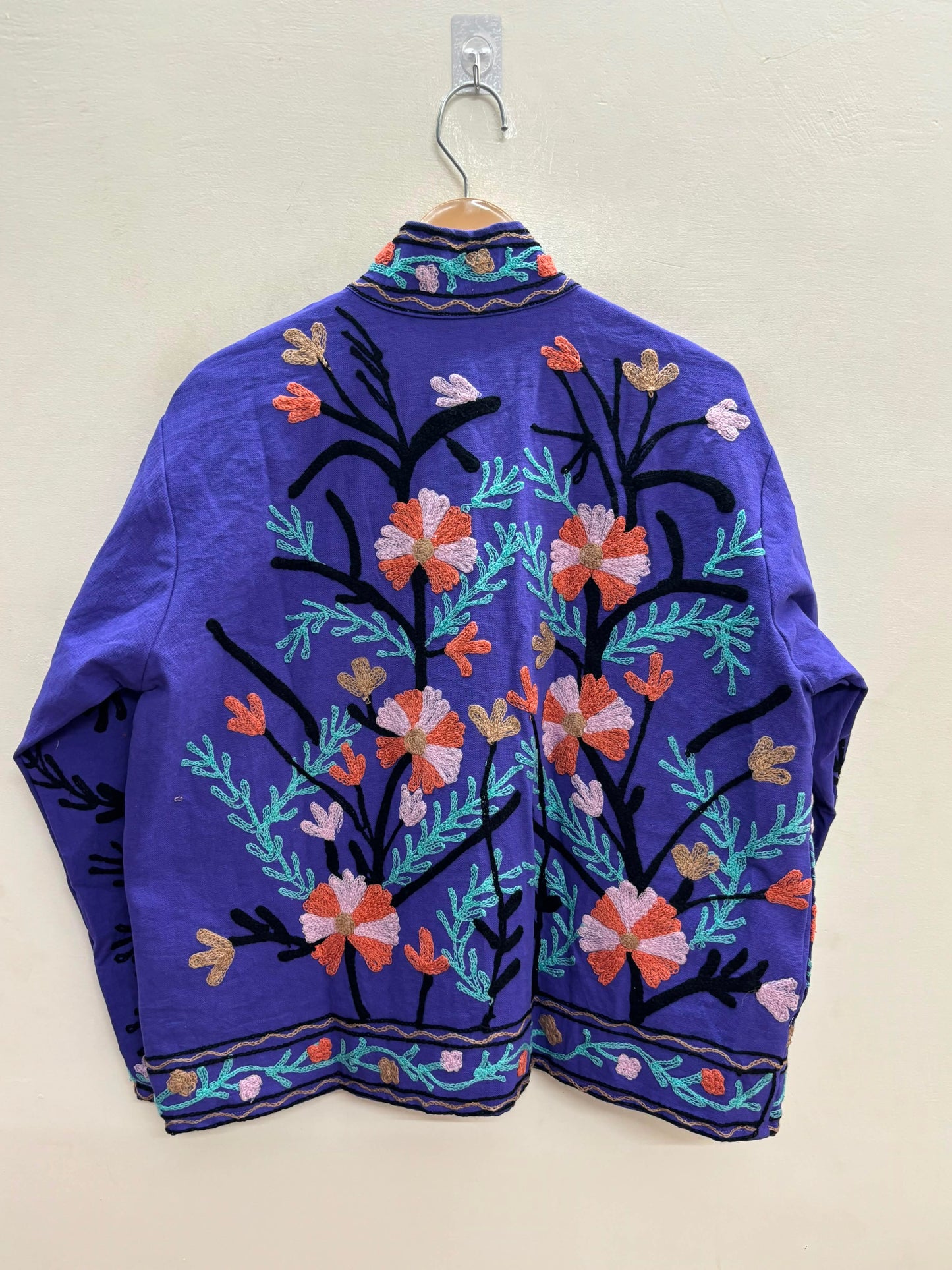 The Twilight Meadow — Suzani Embroidered Cotton Jacket — Violet & Coral Bloom