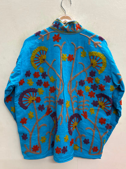 The Turquoise Oasis — Suzani Crewel-Embroidered Cotton Jacket — Sky Blue with Mustard, Rust & Plum