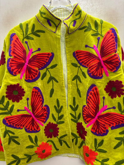 The Titli Chaman — Suzani Hand-Embroidered Velvet Jacket — Chartreuse Green with Crimson Butterflies & Garnet Florals