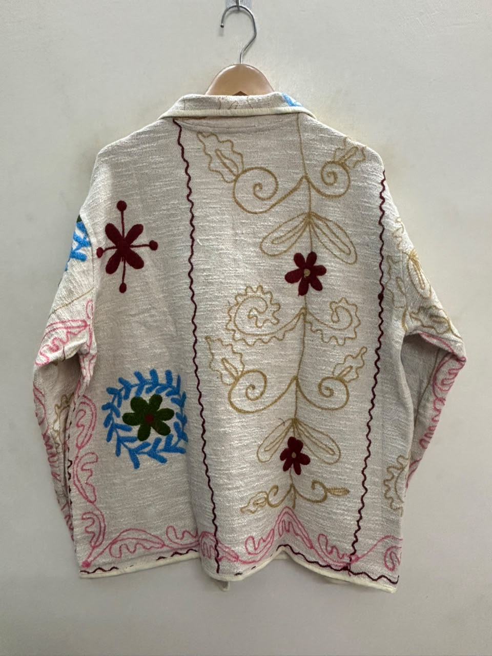 The Baghicha Bloom — Suzani Hand-Embroidered Cotton Jacket — Ivory with Cranberry, Sage & Sky Blue