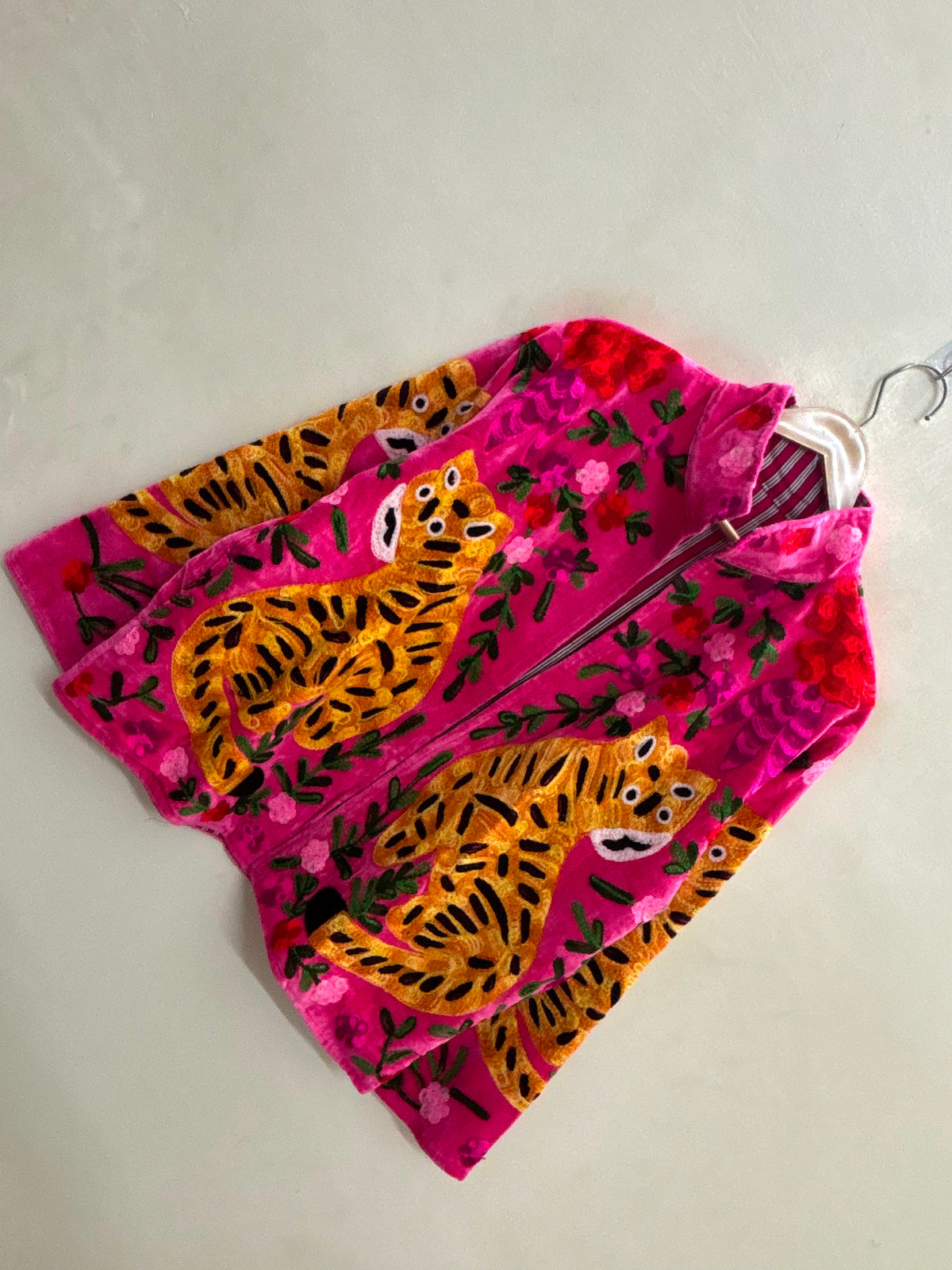 The Bengal Bloom — Suzani Embroidered Velvet Jacket — Fuchsia Pink with Amber Tiger
