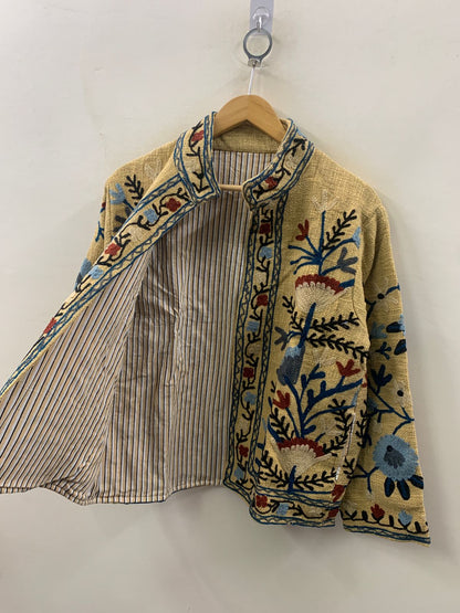 The Saffron Garden — Chainstitch Cotton Jacket — Dusty Mustard & Indigo - Default Title - Zoshak Jacket