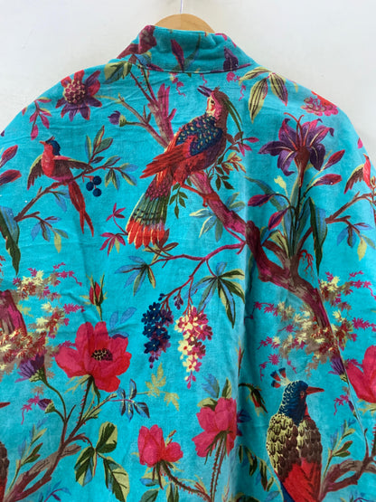 The Turquoise Garden — Printed Velvet Jacket — Turquoise with Botanical Bird Print - Default Title - Zoshak Jacket
