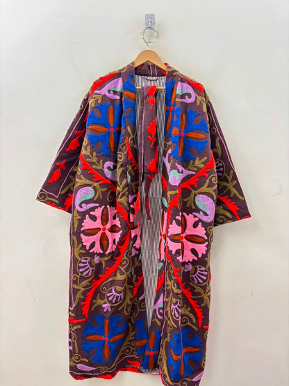The Samarkand Bloom — Suzani Hand-Embroidered Cotton Kimono — Aubergine with Cobalt & Coral Florals