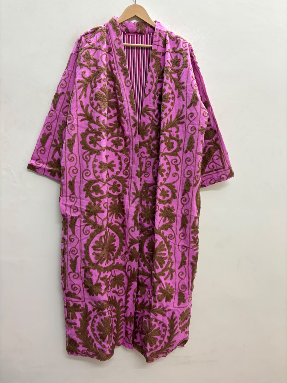 The Orchid Vine — Suzani Embroidered Cotton Jacket — Fuchsia Pink & Umber Brown