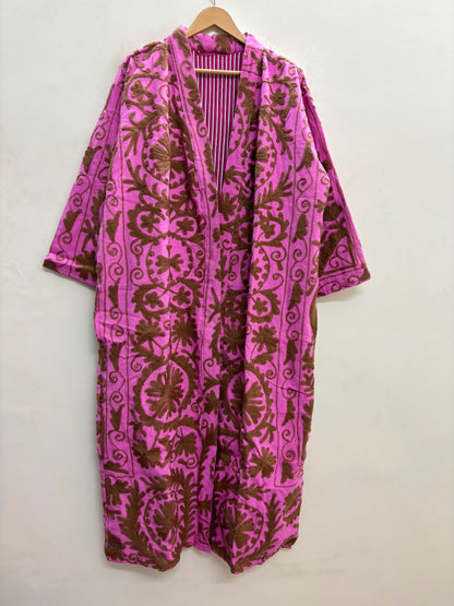 The Orchid Vine — Suzani Embroidered Cotton Jacket — Fuchsia Pink & Umber Brown
