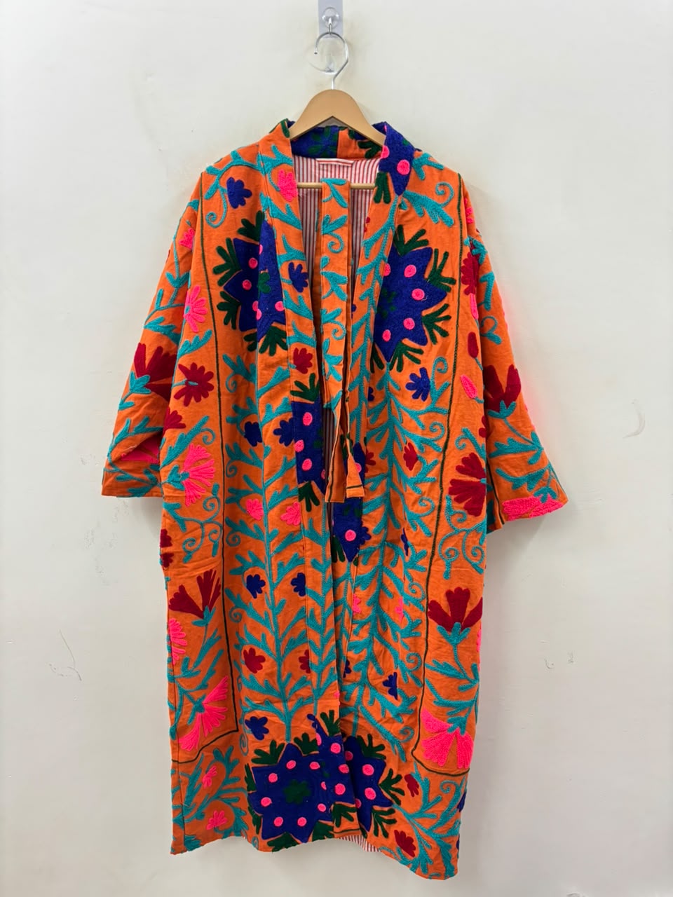 The Marigold Suzani — Hand-Embroidered Wool Kimono — Saffron Orange with Cobalt & Teal Florals