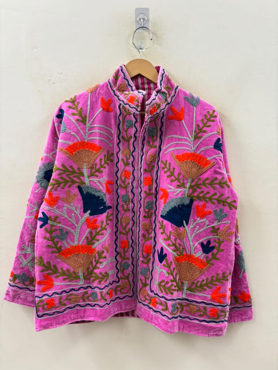 The Anaar Bloom — Suzani Hand-Embroidered Velvet Jacket — Orchid Pink with Rust, Sage & Indigo Florals
