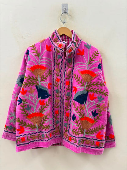The Anaar Bloom — Suzani Hand-Embroidered Velvet Jacket — Orchid Pink with Rust, Sage & Indigo Florals