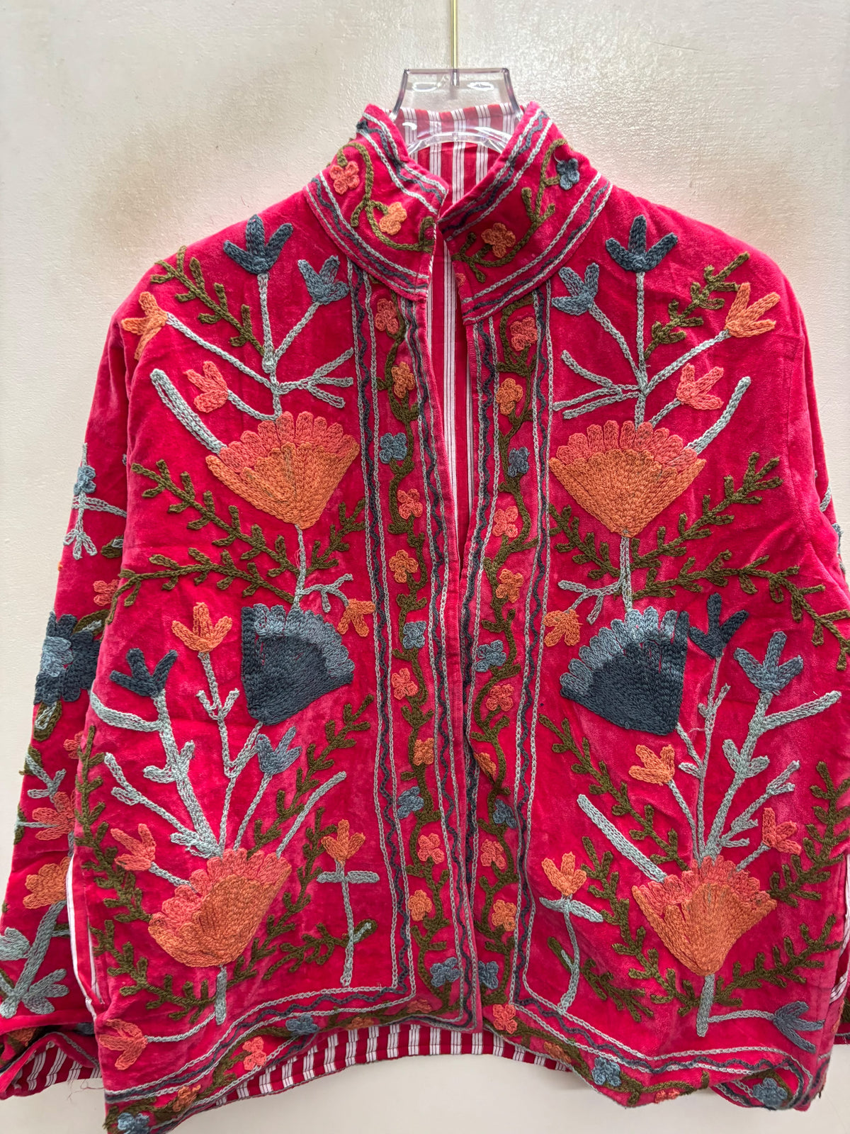 The Rani Reflection — Suzani Hand-Embroidered Velvet Jacket — Rani Pink with Rust, Slate & Olive Florals