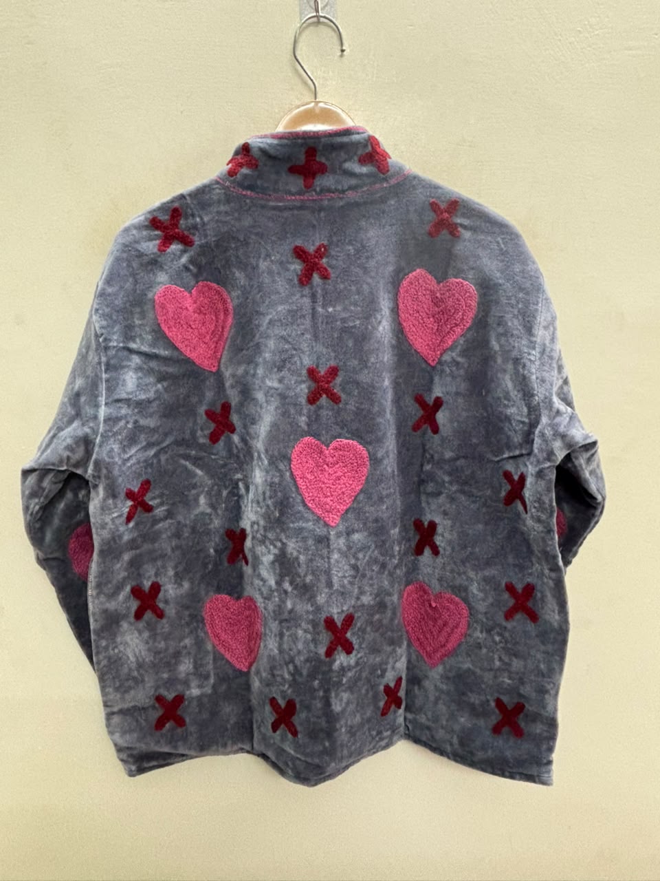 The Anaar Dil — Suzani Embroidered Velvet Jacket — Slate Blue with Crimson Hearts
