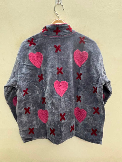 The Anaar Dil — Suzani Embroidered Velvet Jacket — Slate Blue with Crimson Hearts