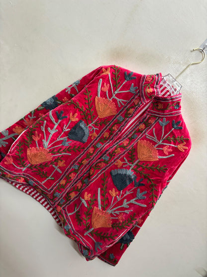 The Rani Reflection — Suzani Hand-Embroidered Velvet Jacket — Rani Pink with Rust, Slate & Olive Florals