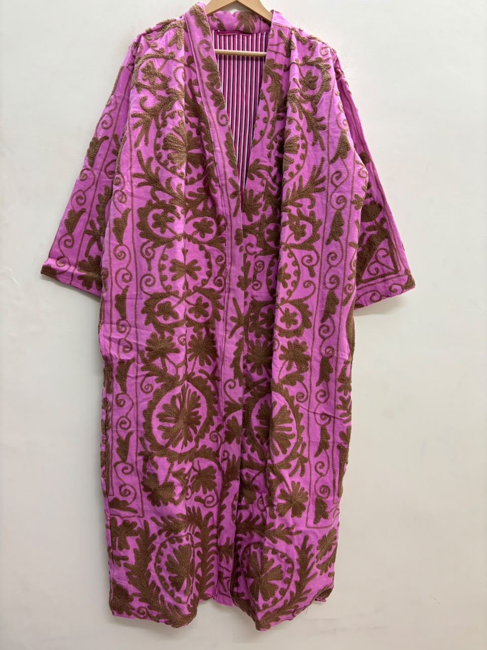 The Orchid Vine — Suzani Embroidered Cotton Jacket — Fuchsia Pink & Umber Brown