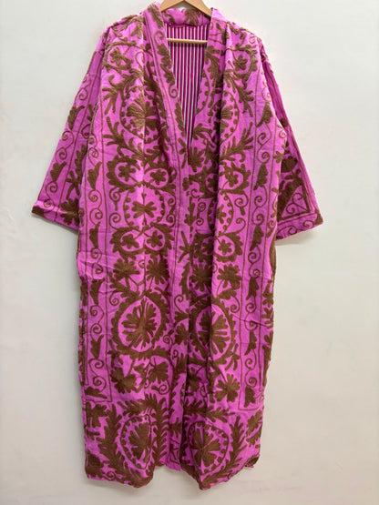 The Orchid Vine — Suzani Embroidered Cotton Jacket — Fuchsia Pink & Umber Brown