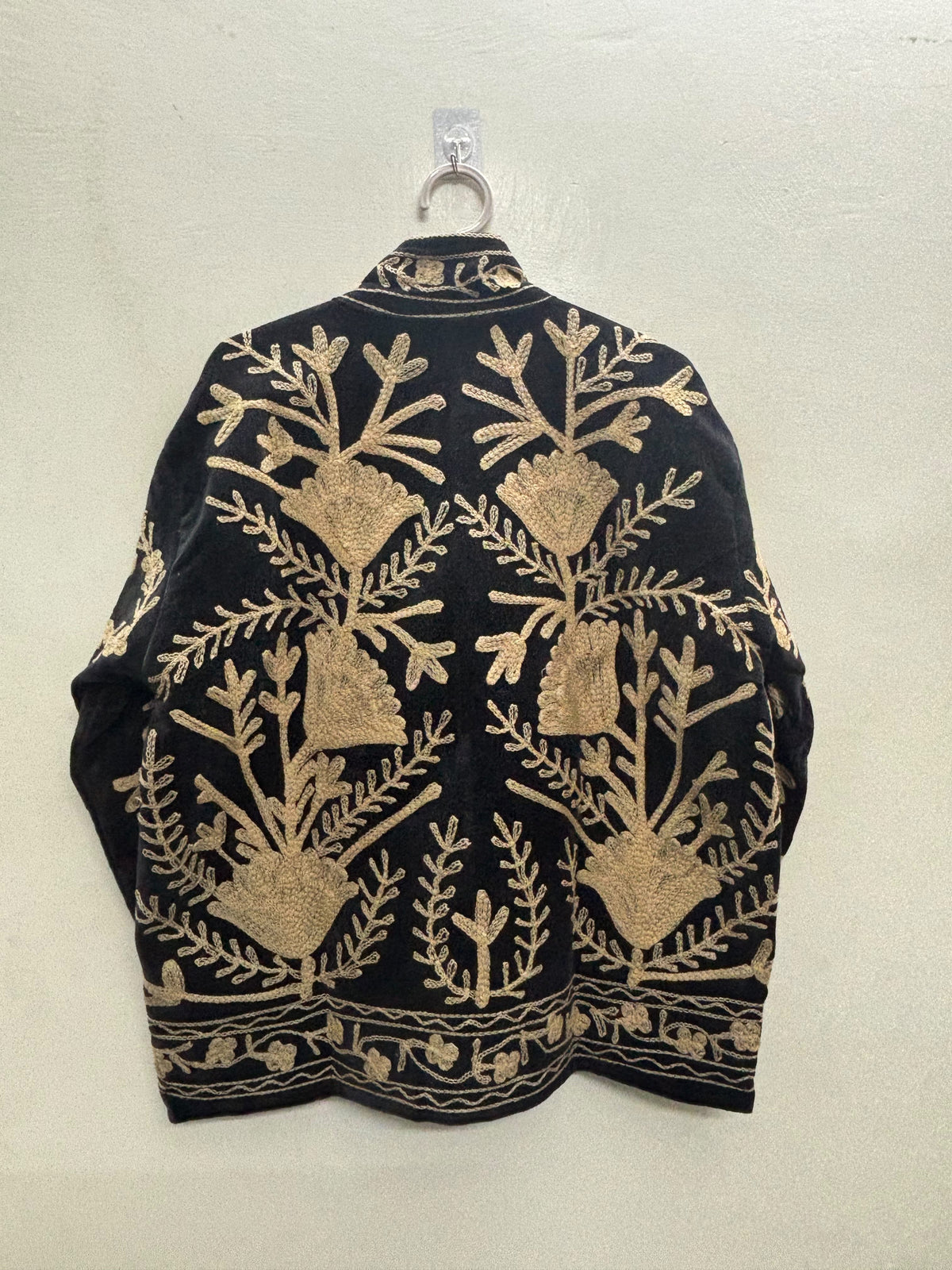 The Tilla Noir — Suzani Hand-Embroidered Velvet Jacket — Jet Black with Antique Gold Tulip & Vine Motifs