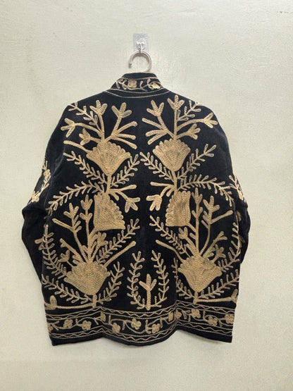 The Tilla Noir — Suzani Hand-Embroidered Velvet Jacket — Jet Black with Antique Gold Tulip & Vine Motifs