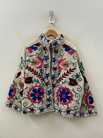 The Garden Mandala — Suzani-Embroidered Cotton Jacket — Ivory Herringbone - Default Title - Zoshak Jacket