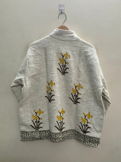 The Sarson Bagh — Hand Block-Printed Cotton Jacket — Ivory with Olive & Mustard Floral Motifs