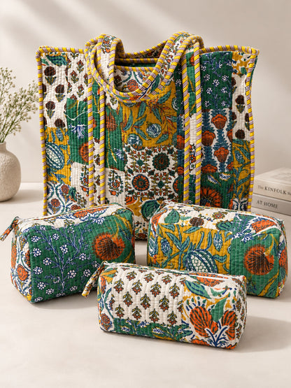 The Anaar Bagh — Hand Block-Printed Quilted Cotton Bag Set — Mustard, Emerald & Rust Florals