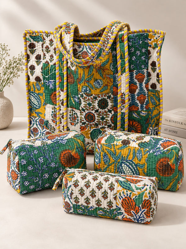 The Anaar Bagh — Hand Block-Printed Quilted Cotton Bag Set — Mustard, Emerald & Rust Florals