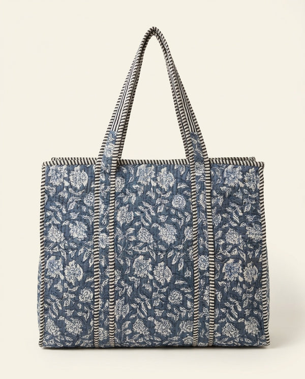 The Indigo Bagh — Hand Block-Printed Quilted Cotton Tote — Slate Blue Floral
