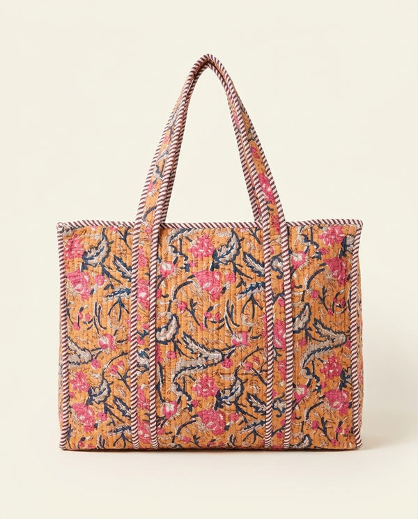 The Marigold Bagh — Hand Block-Printed Quilted Cotton Tote — Turmeric Yellow with Rose Pink & Indigo Florals