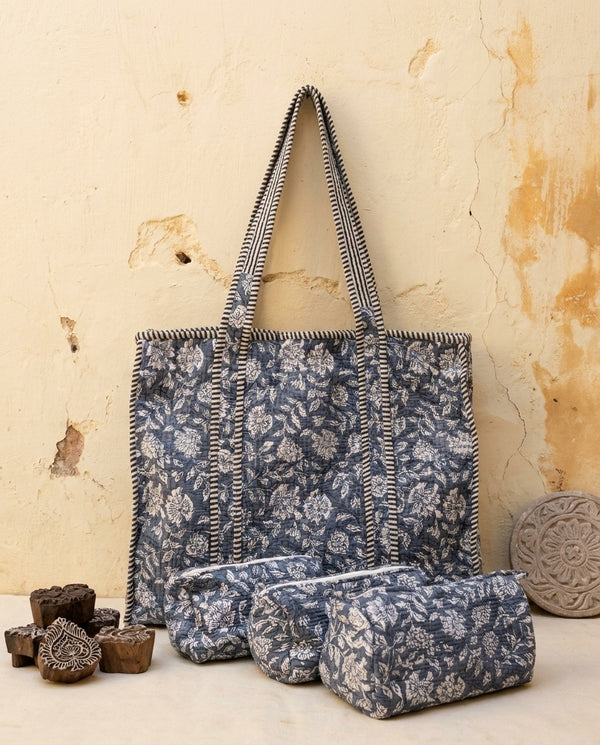 The Indigo Bagru Tote Set — Hand Block-Printed Quilted Cotton — Slate Blue & Ivory Floral