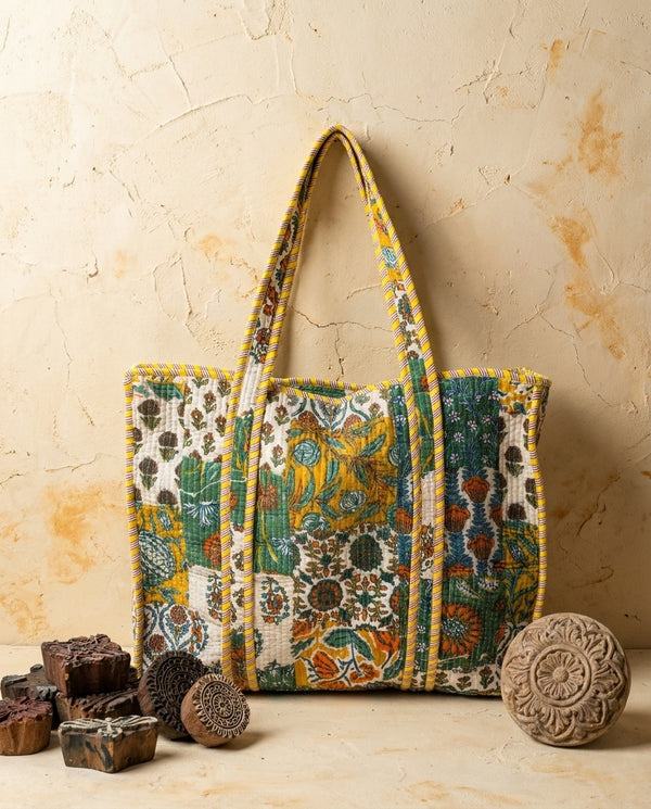 The Marigold Bagh — Kantha-Quilted Cotton Tote — Turmeric Yellow & Forest Green Block Print
