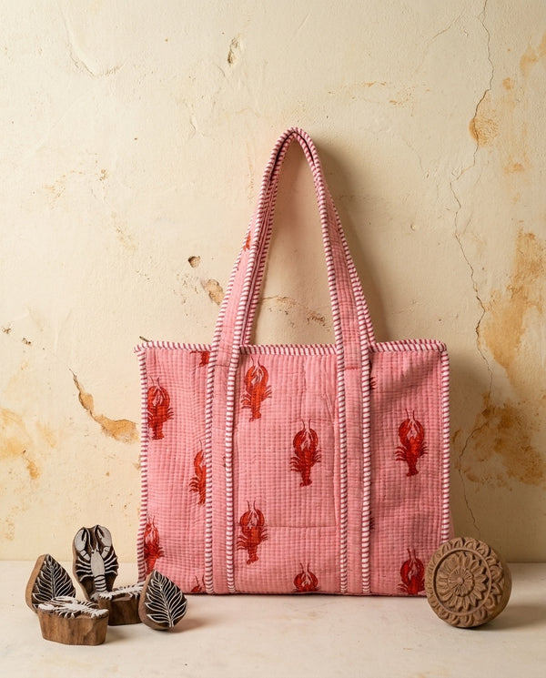 The Rani Crawford Tote — Hand Block-Printed Quilted Cotton Bag — Blush Pink with Crimson Lobster Motifs