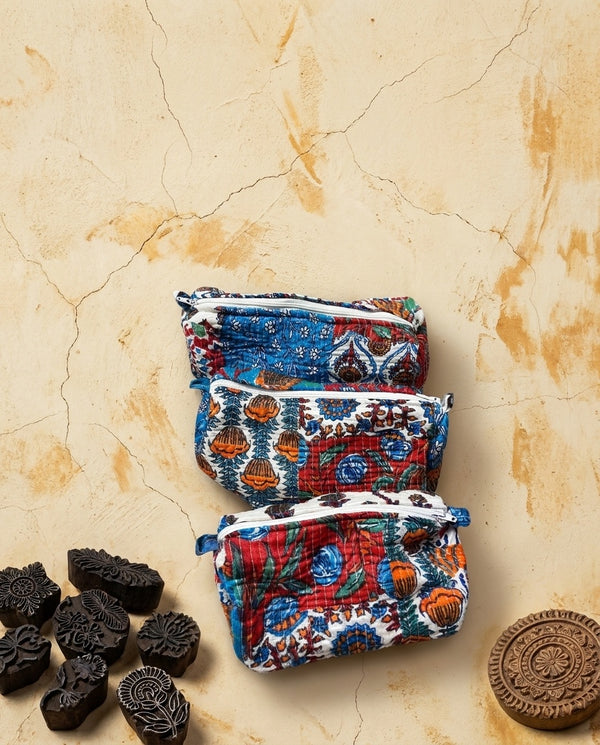 The Bagru Bloom — Hand Block-Printed Quilted Cotton Pouch Set — Indigo, Brick Red & Marigold
