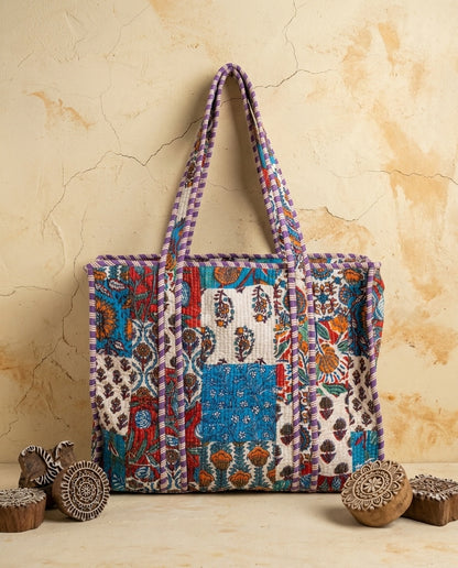 The Rajwada Patchwork — Kantha-Quilted Cotton Tote — Cerulean, Rust & Amethyst