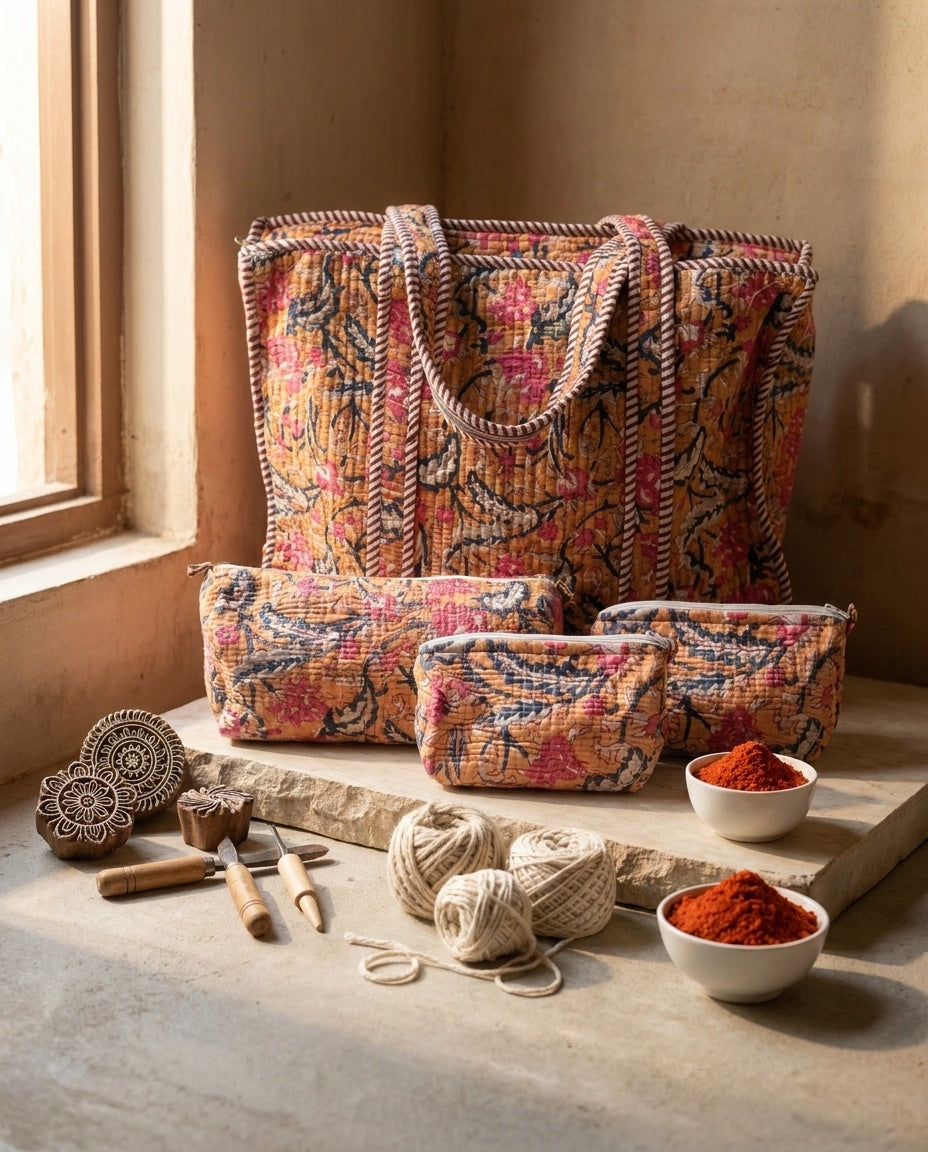 The Marwar Bloom — Kantha-Quilted Cotton Bag Set — Turmeric Yellow & Indigo Floral