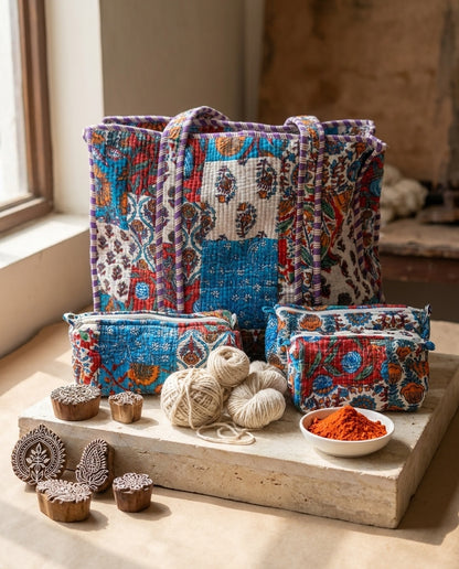 The Sanganeri Bloom — Hand Block-Printed Quilted Cotton Bag Set — Indigo, Marigold & Ruby Patchwork