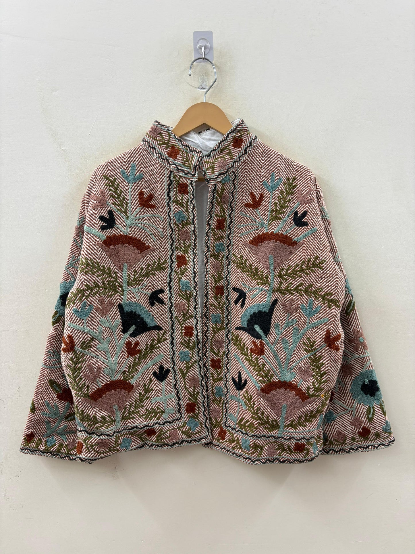 The Garden of Wandering Birds — Crewel Embroidered Herringbone Cotton Jacket — Dusty Rose & Ivory - Default Title - Zoshak Jacket