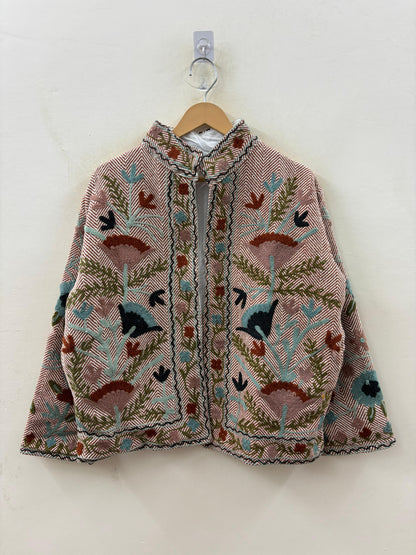 The Garden of Wandering Birds — Crewel Embroidered Herringbone Cotton Jacket — Dusty Rose & Ivory - Default Title - Zoshak Jacket