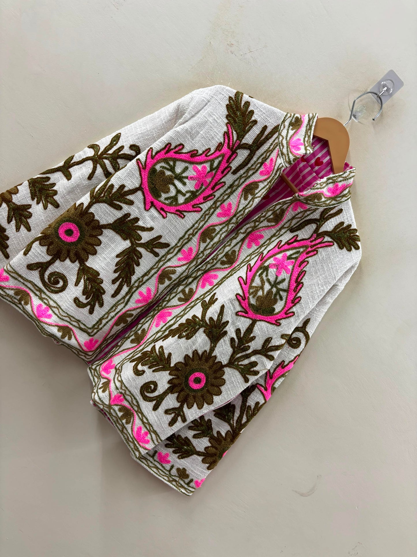 The Zafira — Hand-Embroidered Suzani Cotton Jacket — Ivory with Olive & Fuchsia Bloom