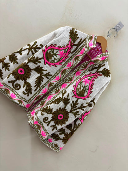 The Zafira — Hand-Embroidered Suzani Cotton Jacket — Ivory with Olive & Fuchsia Bloom