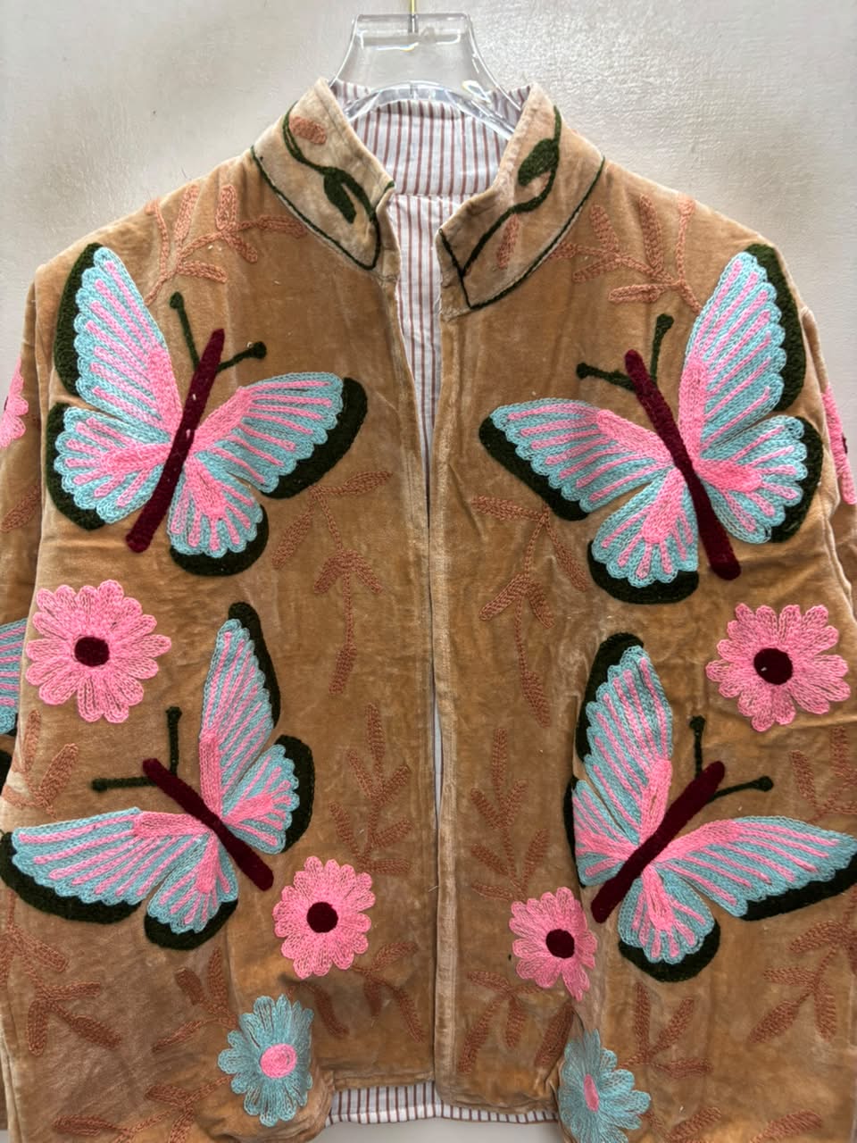 The Parwana Bostan — Suzani Hand-Embroidered Velvet Jacket — Camel Gold with Pink, Turquoise & Maroon Butterflies