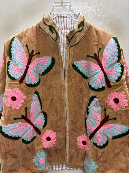 The Parwana Bostan — Suzani Hand-Embroidered Velvet Jacket — Camel Gold with Pink, Turquoise & Maroon Butterflies