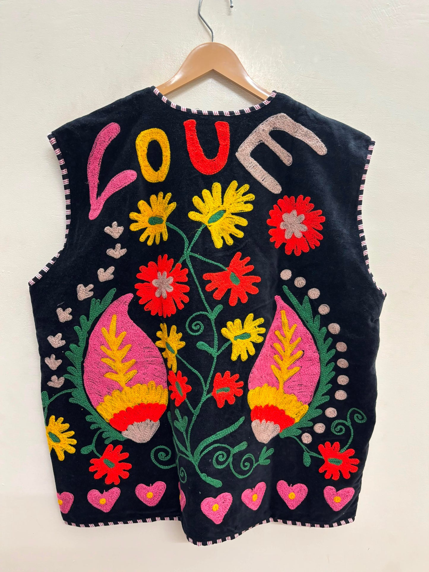 The Marigold Bloom — Suzani Embroidered Velvet Vest — Jet Black with Sunflower Gold & Rose Pink