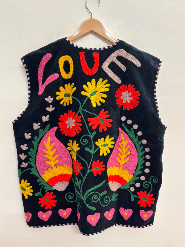 The Marigold Bloom — Suzani Embroidered Velvet Vest — Jet Black with Sunflower Gold & Rose Pink