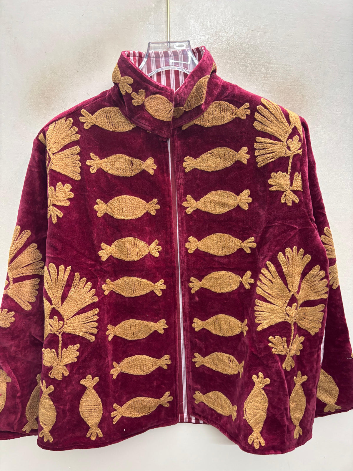 The Machli Bagh — Suzani Hand-Embroidered Velvet Jacket — Deep Maroon with Golden Fish & Palm Motifs