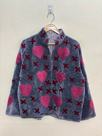 The Anaar Dil — Suzani Embroidered Velvet Jacket — Slate Blue with Crimson Hearts